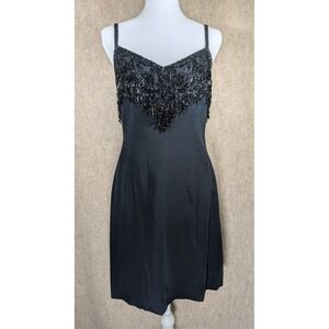 Oleg Cassini Black Tie Vintage Silk Beaded Fringe Cocktail Dress Womens 8 90s